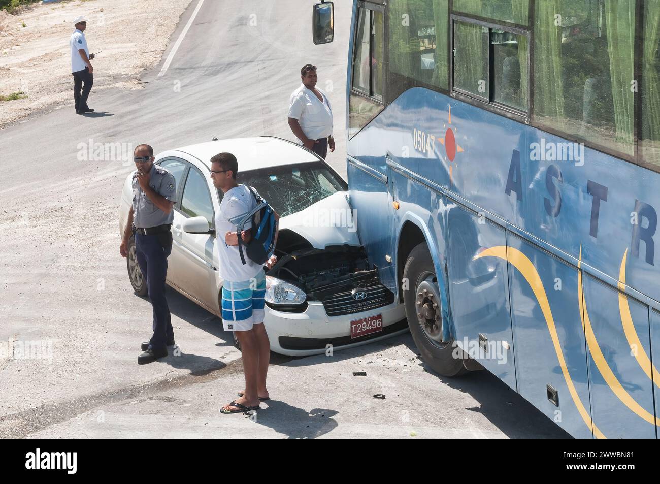 Collision or accident between a yutong bus and a tourist car, Villa Clara, Cuba Stock Photo