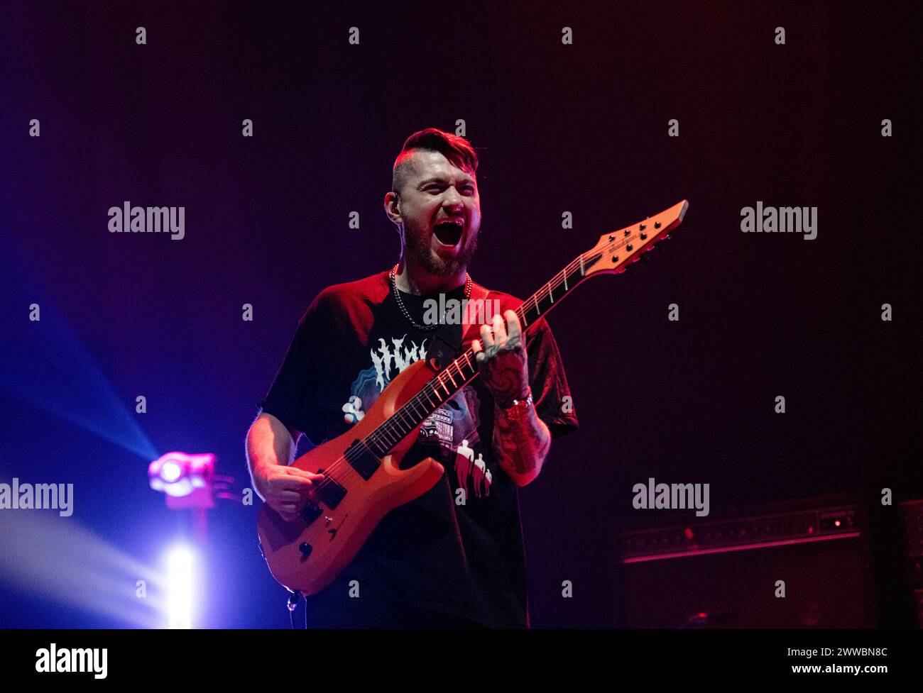 As Everything Unfolds performing live at Wembley Arena, London on 15 March 2024 Adam Kerr ,lead guitarist As Everything Unfolds is a British metal band that formed in '13 as an acoustic pairing. To date they have released two albums. Stock Photo