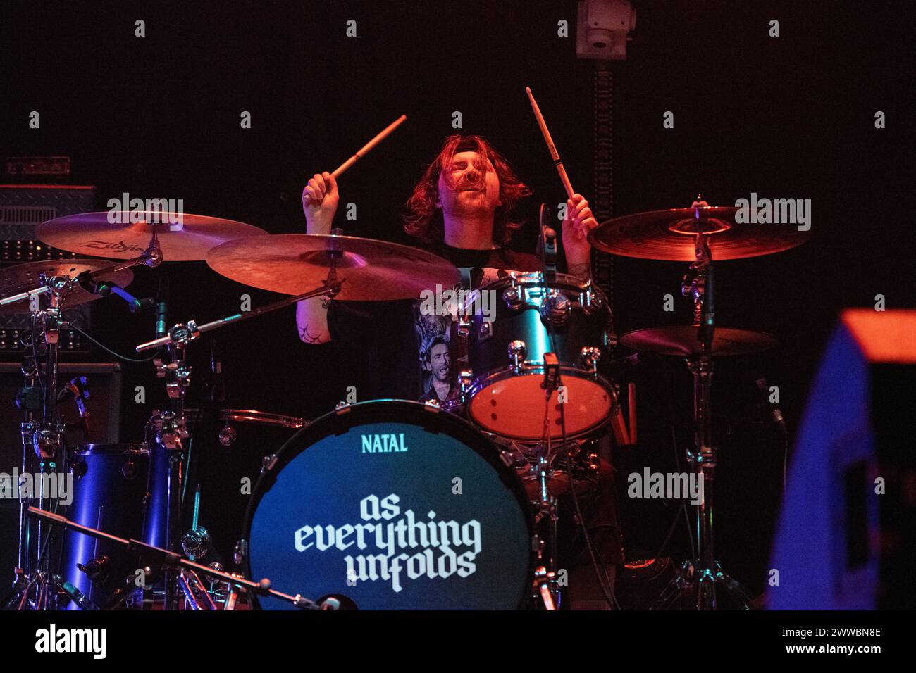 As Everything Unfolds performing live at Wembley Arena, London on 15 March 2024 Jamie Gowers ,drummer As Everything Unfolds is a British metal band that formed in '13 as an acoustic pairing. To date they have released two albums. Stock Photo