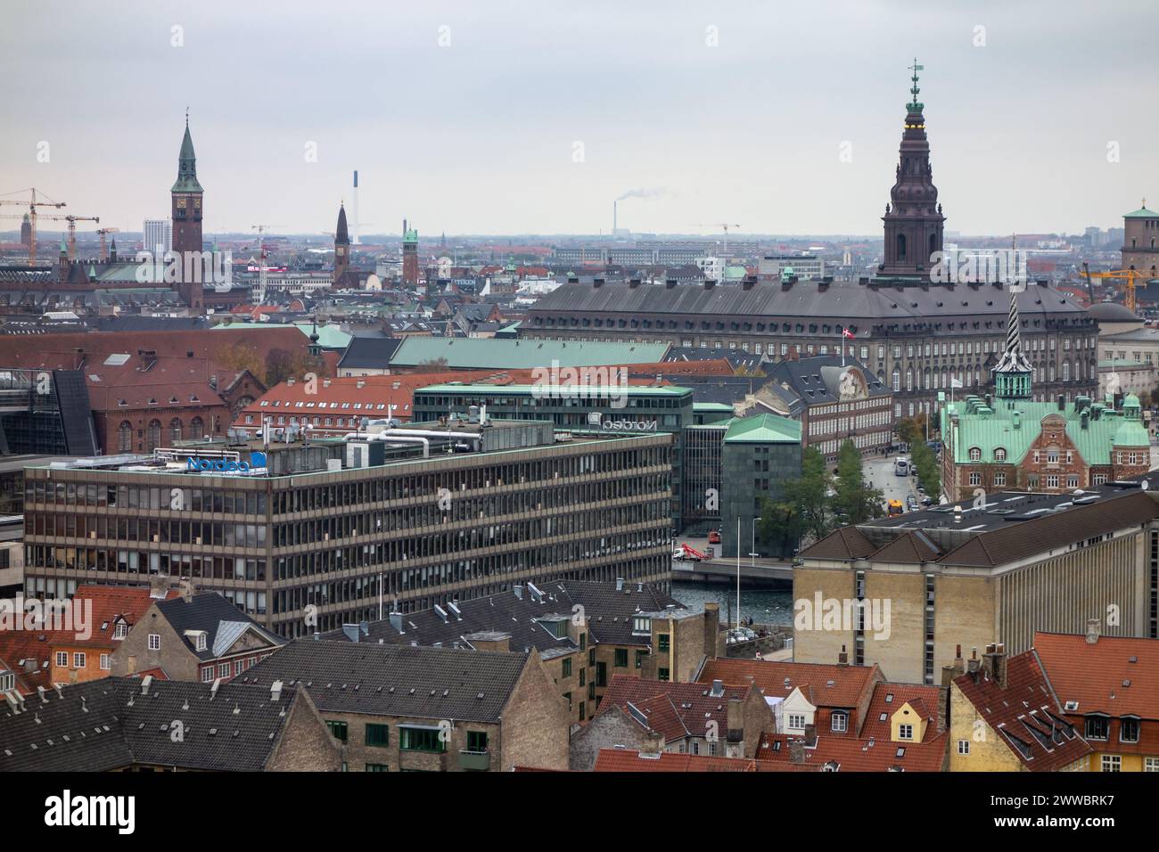 COPENHAGEN, DENMARK - OCTOBER 27, 2014: Cityscape of Copenhagen, Denmark, Nordea Danmark and town hall Stock Photo