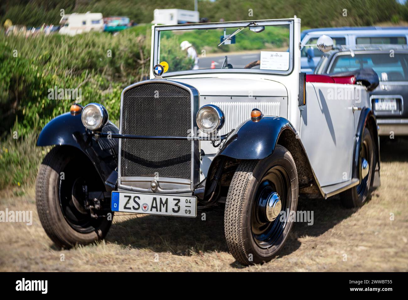 LINTHE, GERMANY - MAY 27, 2023: The city car BMW AM-3, 1933. Art lens. Swirl bokeh. Die Oldtimer Show 2023. Stock Photo