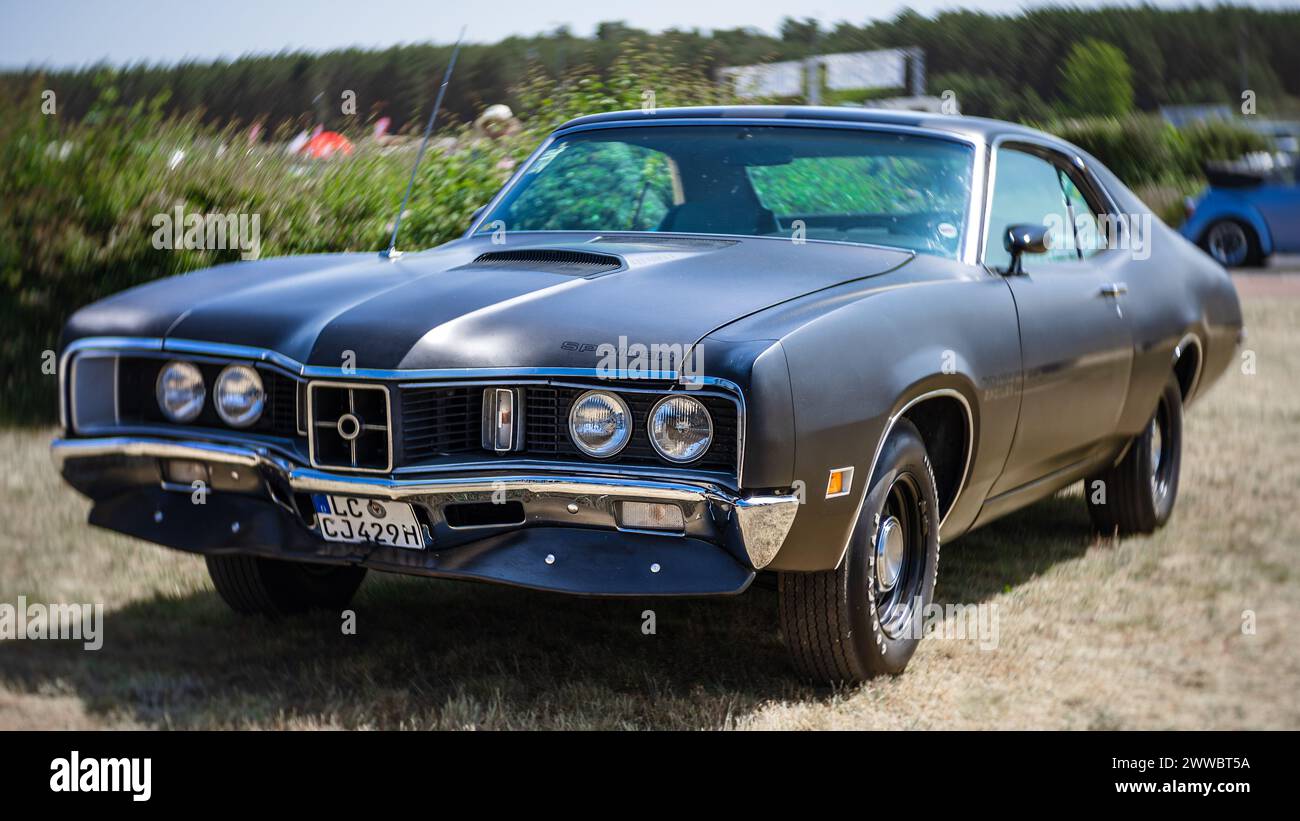 LINTHE, GERMANY - MAY 27, 2023: The muscle car Mercury Cyclone Spoiler, 1970. Art lens. Swirl bokeh. Die Oldtimer Show 2023. Stock Photo