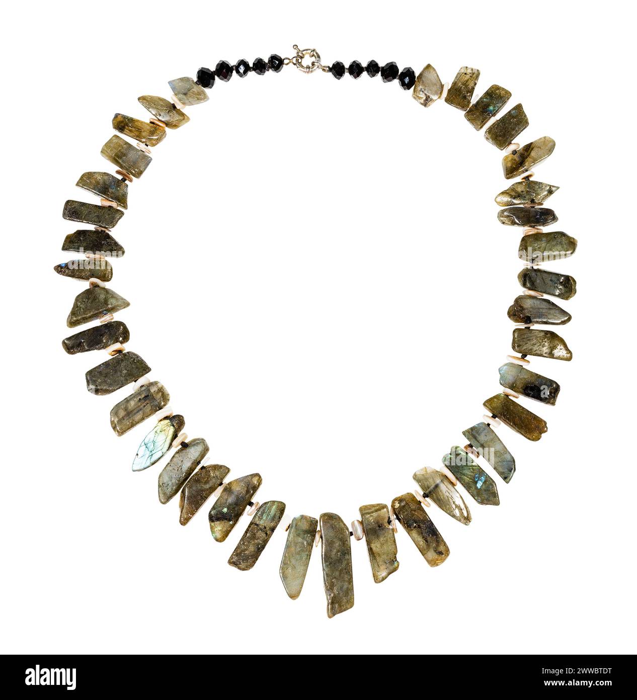 top view of necklace made of polished pieces of natural labradorite stone isolated on white background Stock Photo