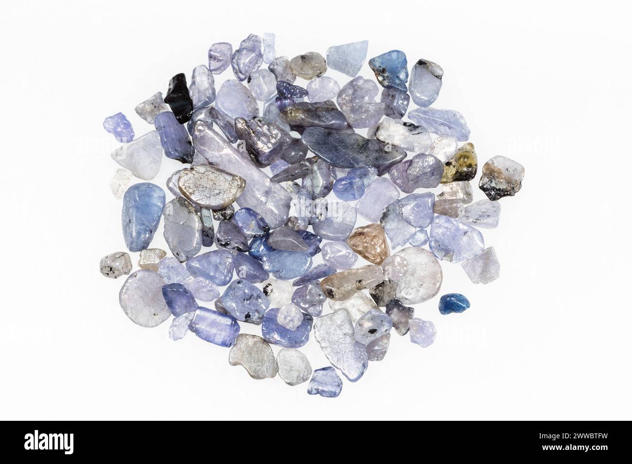 close up of sample of natural stone from geological collection - many unpolished tanzanite gemstones on white background from Tanzania Stock Photo