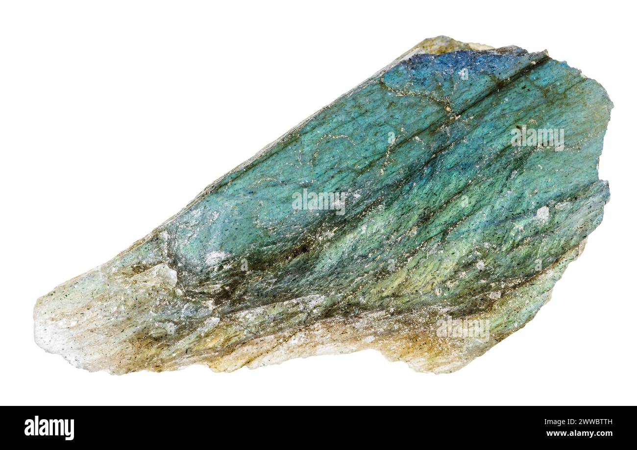 close up of sample of natural stone from geological collection - rough labradorite mineral isolated on white background from Madagascar Stock Photo