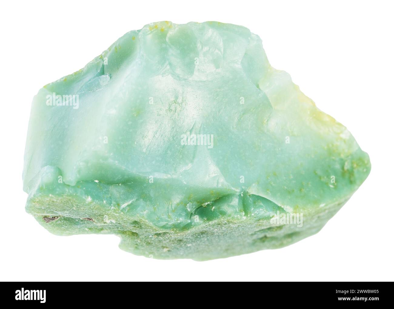close up of sample of natural stone from geological collection - raw chrysoprase mineral isolated on white background Stock Photo