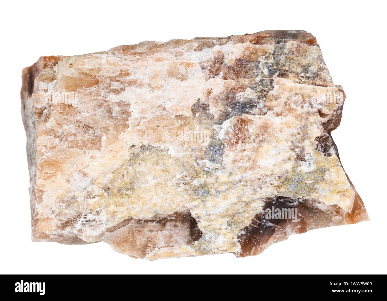 close up of sample of natural stone from geological collection - unpolished nepheline mineral isolated on white background from Kurochkin Log deposit, Stock Photo