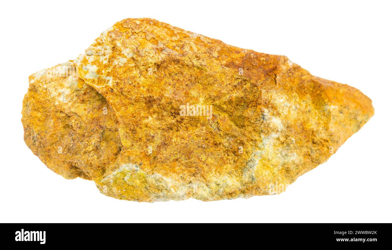 close up of sample of natural stone from geological collection - raw beaverite-(cu), beaverite mineral isolated on white background from Kontrolnoye d Stock Photo