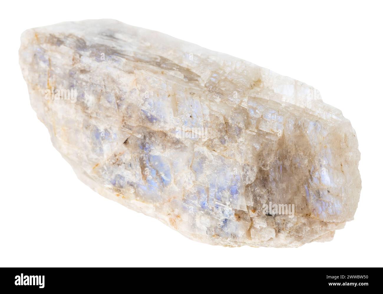 close up of sample of natural stone from geological collection - unpolished belomorite moonstone rock isolated on white background from North Karelia Stock Photo