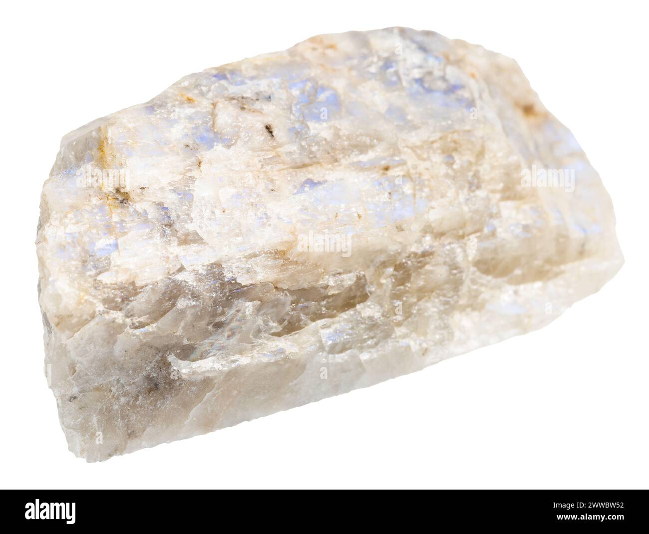 close up of sample of natural stone from geological collection - rough belomorite moonstone mineral isolated on white background from North Karelia Stock Photo