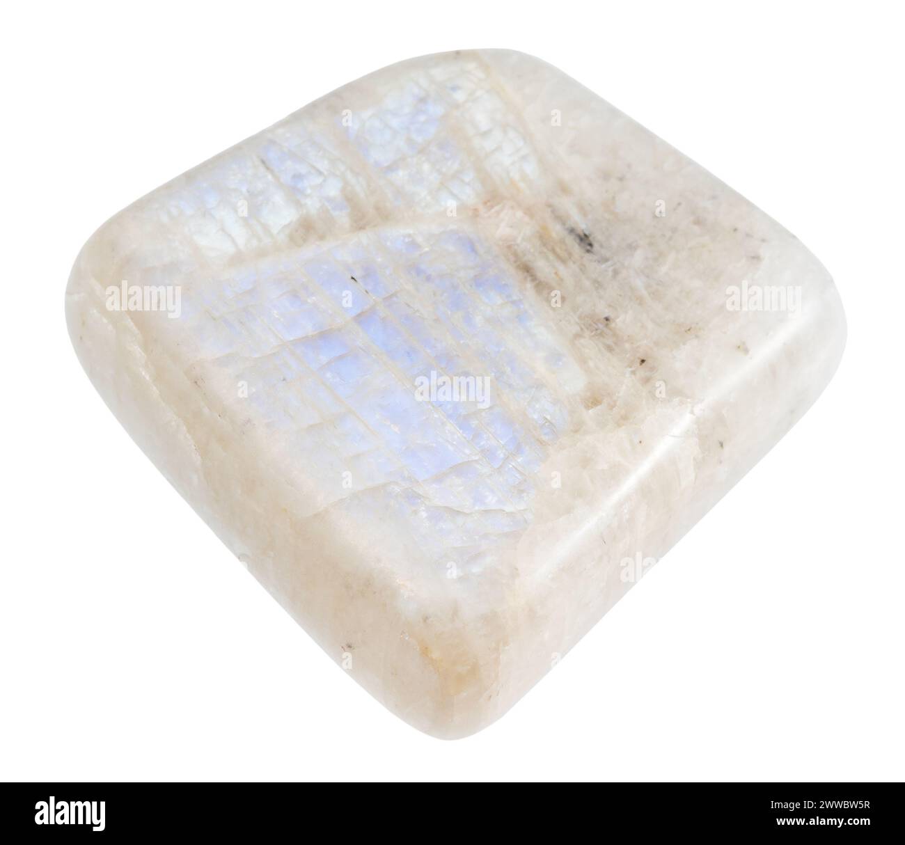 close up of sample of natural stone from geological collection - polished belomorite moonstone gemstone isolated on white background from North Kareli Stock Photo