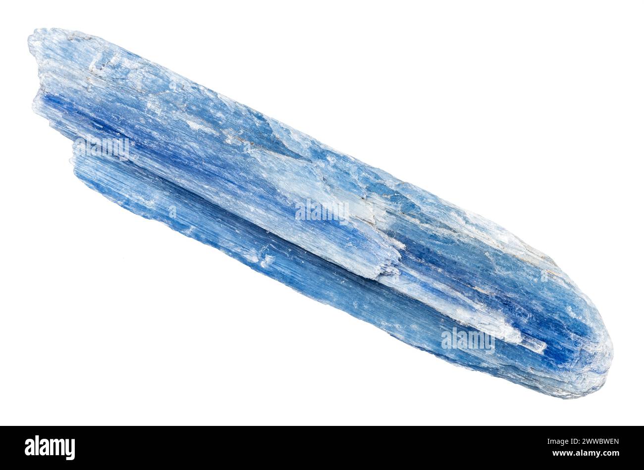 close up of sample of natural stone from geological collection - unpolished blue kyanite crystal isolated on white background from Brazil Stock Photo