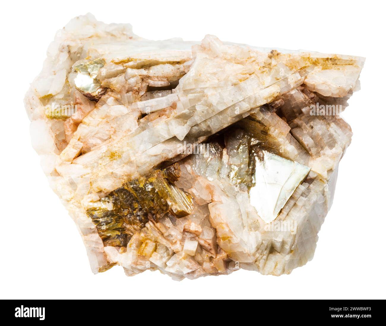 close up of sample of natural stone from geological collection - raw albite mineral with muscovite isolated on white background from North Karelia Stock Photo
