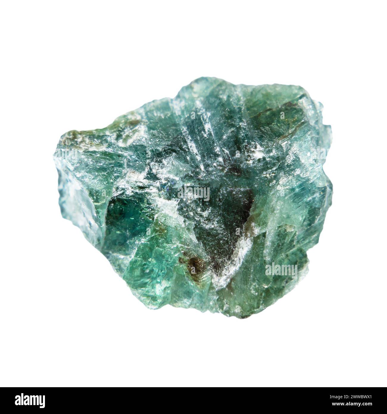 close up of sample of natural stone from geological collection - raw green alexandrite crystal in daylight isolated on white background from Ural Stock Photo