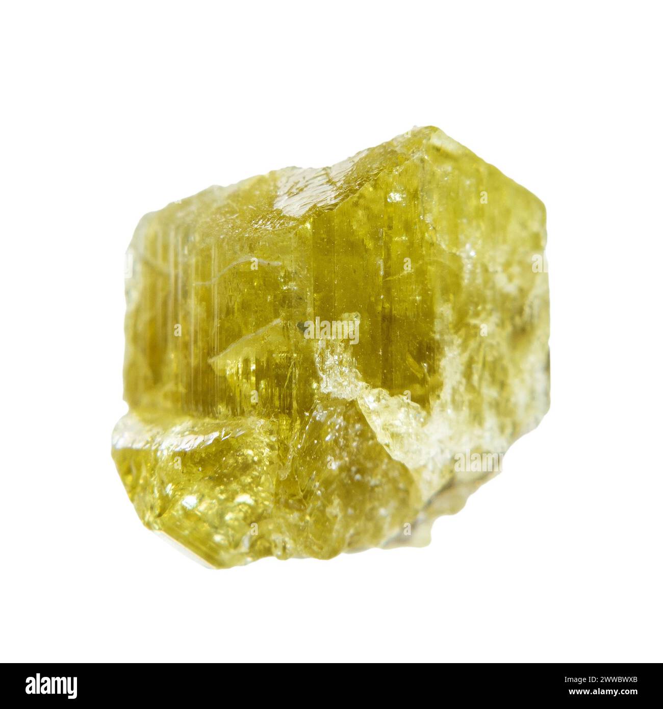 close up of sample of natural stone from geological collection - unpolished chrysoberyl crystal isolated on white background from Madagascar Stock Photo