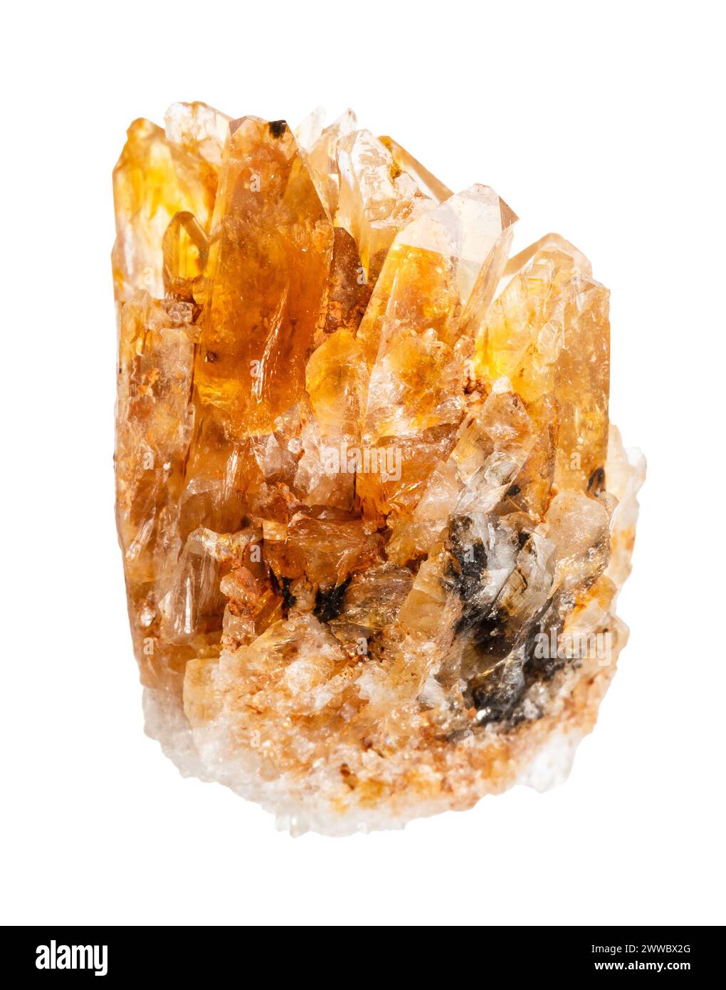 close up of sample of natural stone from geological collection - druse of creedite mineral isolated on white background from Mexico Stock Photo