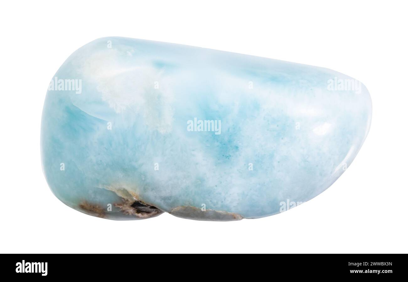 close up of sample of natural stone from geological collection - polished larimar mineral isolated on white background from Dominicana Stock Photo