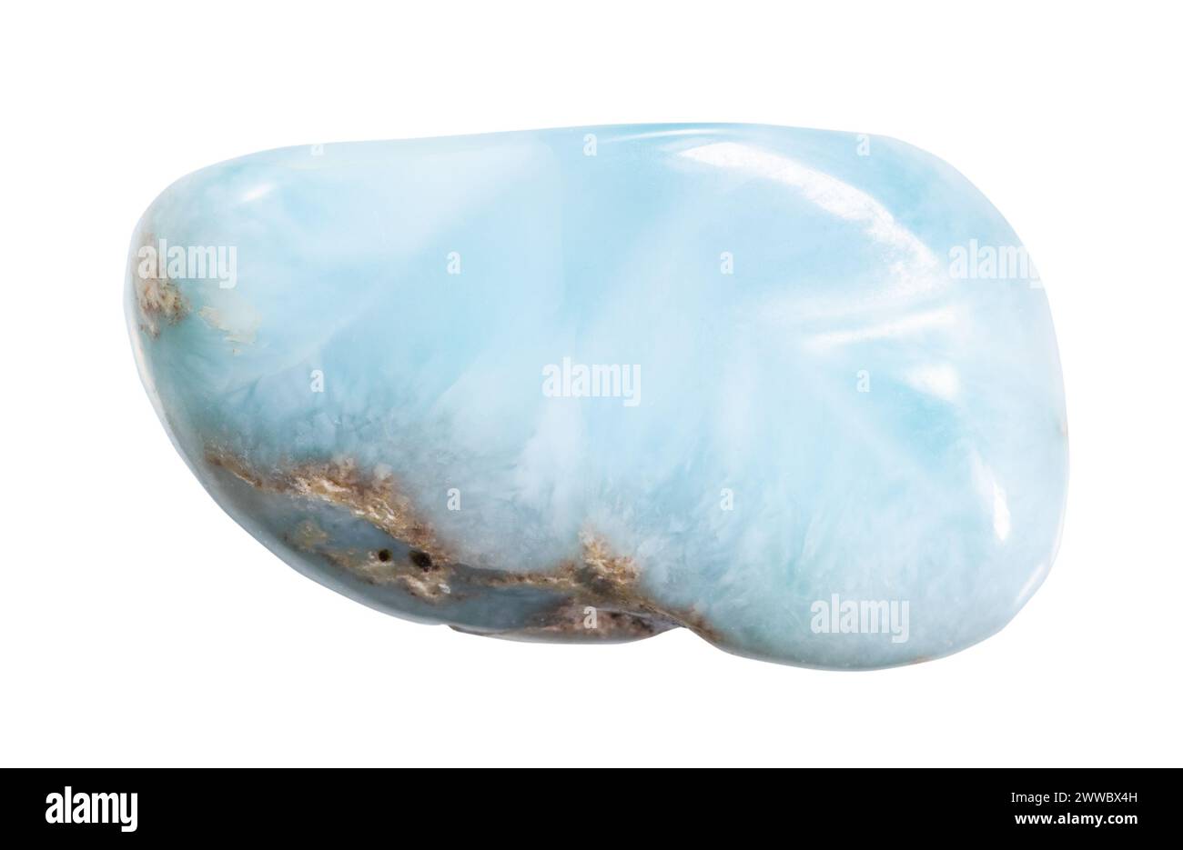 close up of sample of natural stone from geological collection - polished larimar gemstone isolated on white background from Dominicana Stock Photo