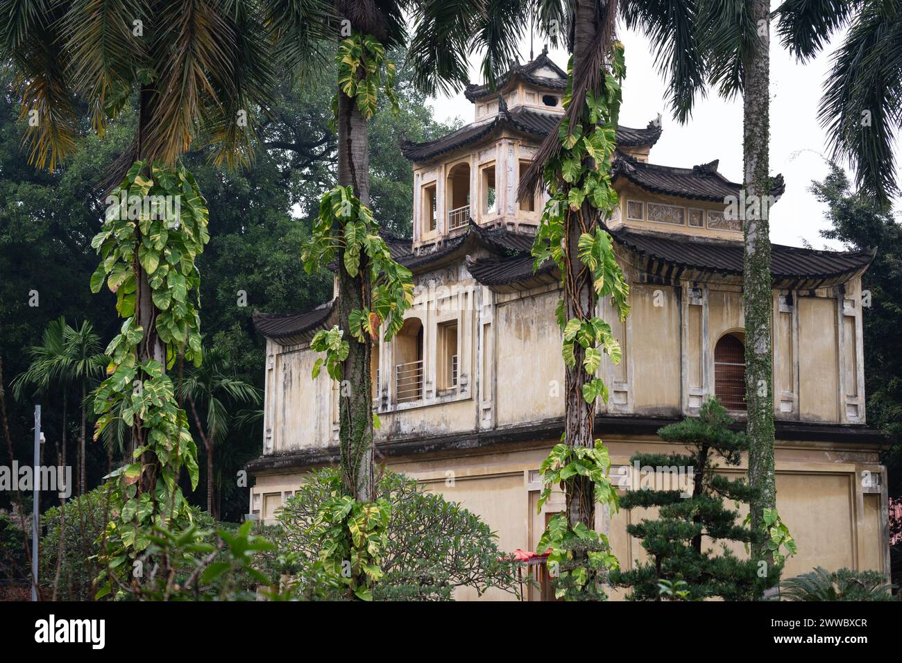 Imperial Citadel of Thang Long. A glimpse of the elegant Princess Palace nestled amidst a forest of trees, evoking a sense of enchantment and grandeur Stock Photo