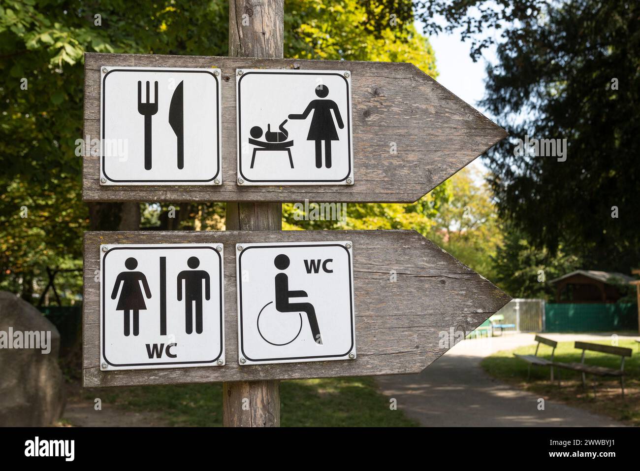 Signposts, Pictograms, Restaurants And Toilets Stock Photo