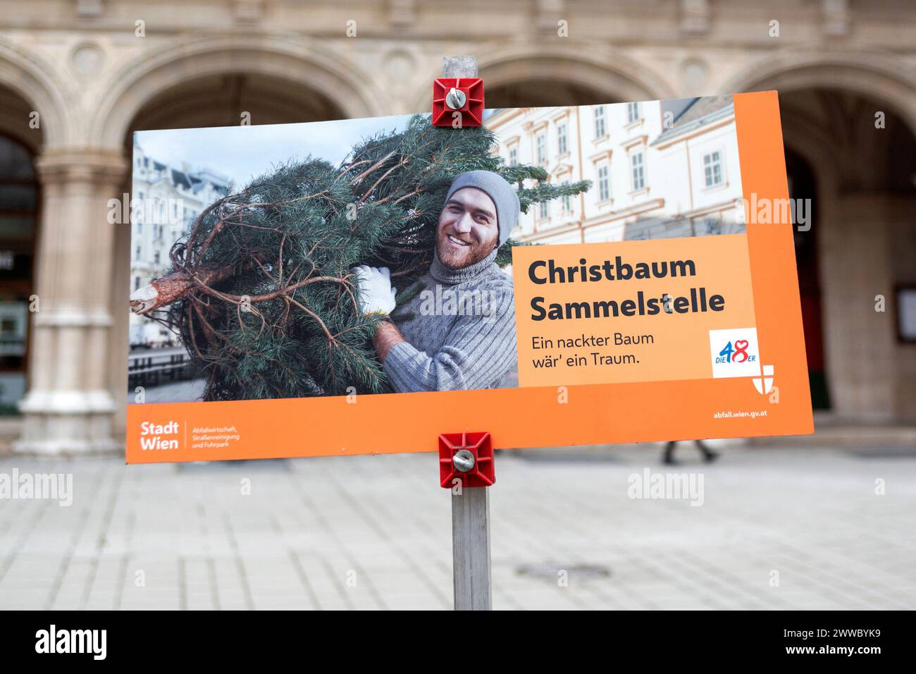 Sign, Christmas Tree Collection Point In Vienna, Austria Stock Photo