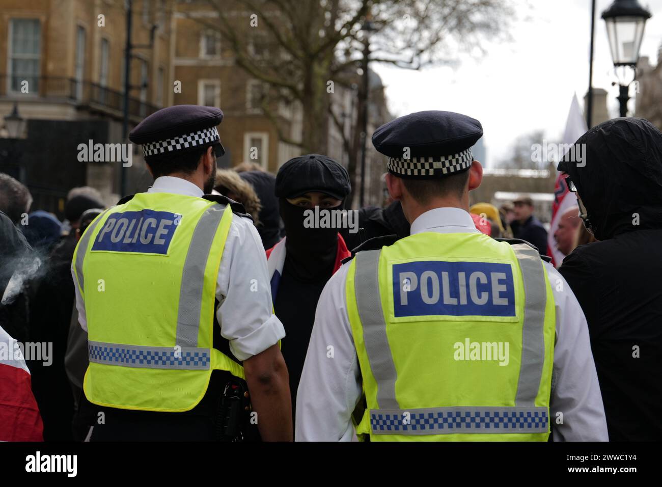London, UK. 23 MAR 2024. People gathered outside Downing Street to listen to speeches and protest about reclaiming British values. Alamy Live News / Aubrey Fagon Credit: Aubrey Fagon/Alamy Live News Credit: Aubrey Fagon/Alamy Live News Stock Photo