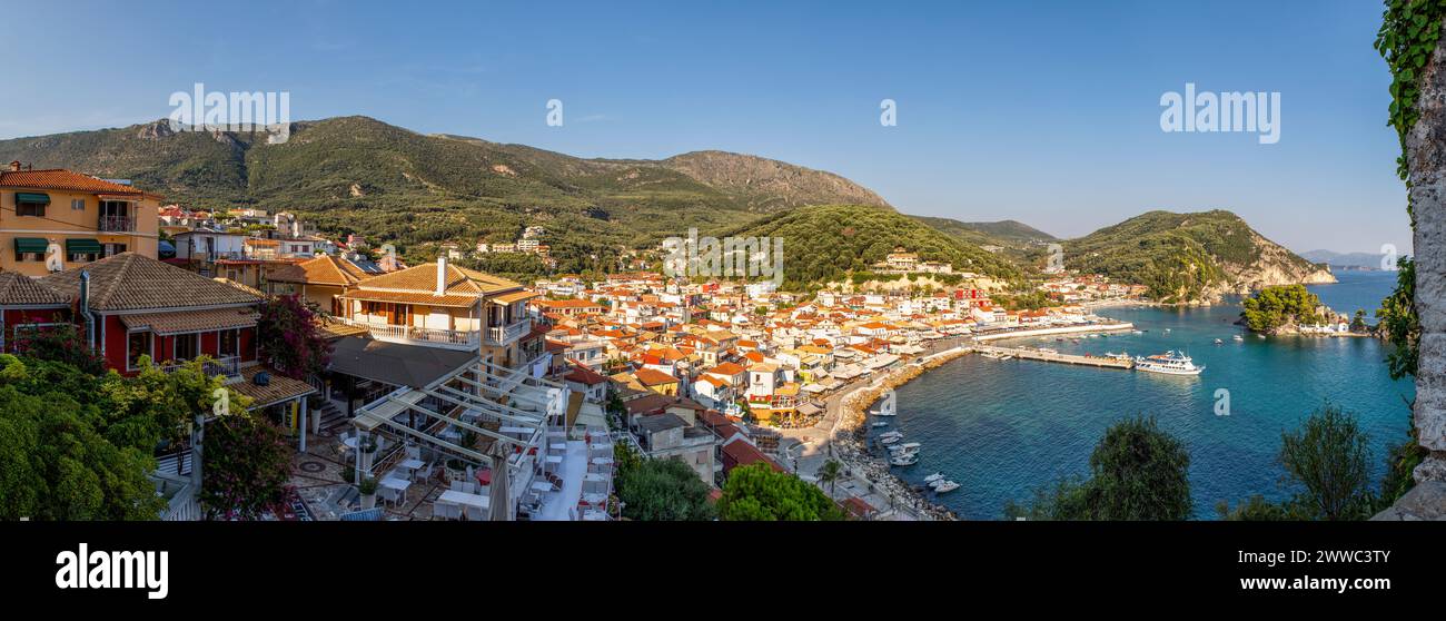 Greece, Preveza, Parga, Panorama of resort town on Ionian coast in summer Stock Photo