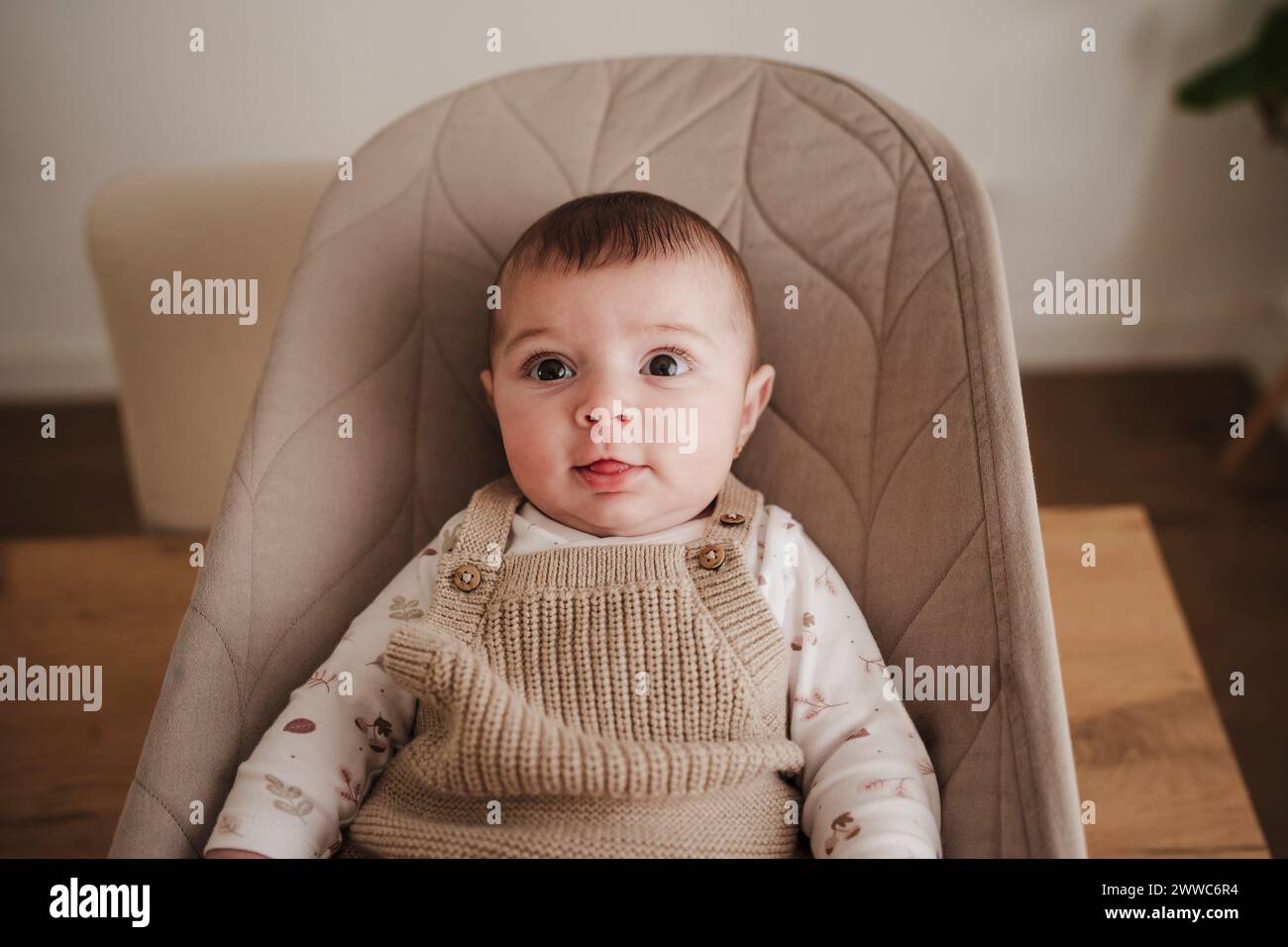 Cute baby girl sitting on bouncer chair Stock Photo