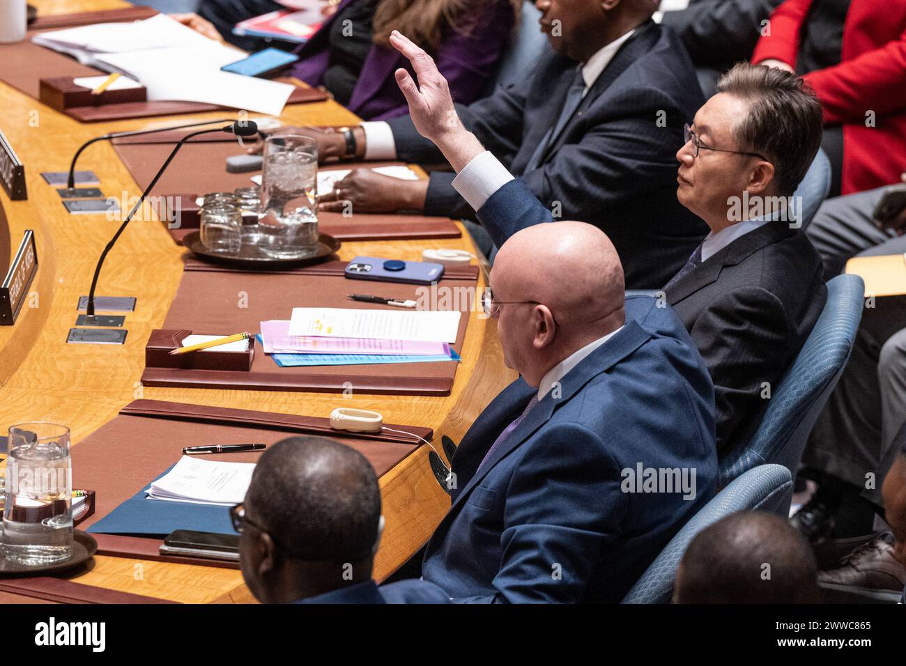 New York, United States. 22nd Mar, 2024. Ambassador Vassily Nebenzia of Russia votes against resolution put forward by US at SC meeting at UN Headquarters in New York. Resolution was vetoed by China and Russia. In total 11 countries voted for, 3 against (Algeria, China and Russia) and 1 abstained (Guyana). (Photo by Lev Radin/Pacific Press) Credit: Pacific Press Media Production Corp./Alamy Live News Stock Photo