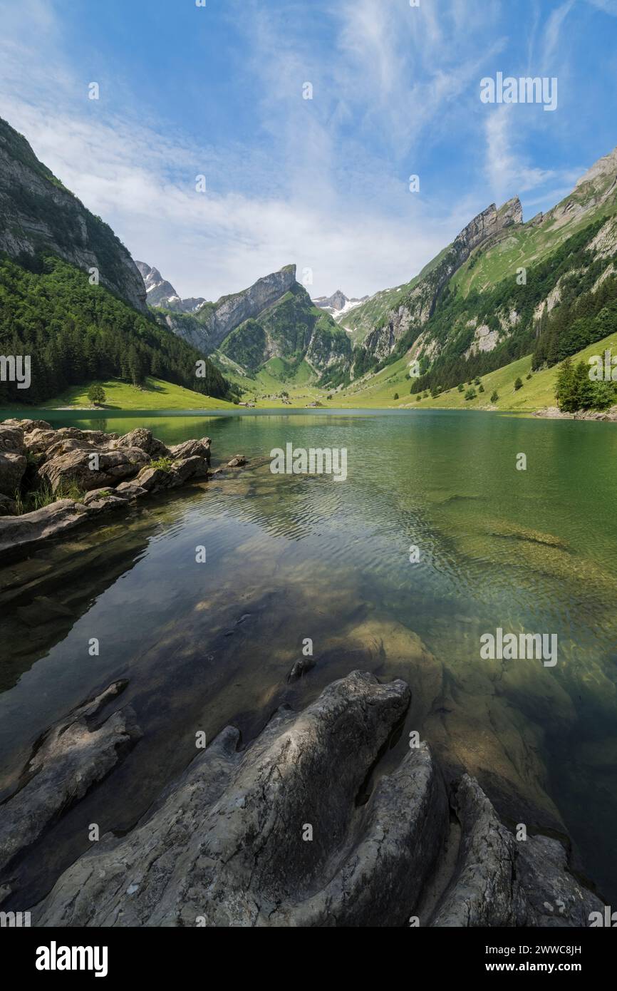 Switzerland, Appenzell Innerrhoden, Scenic view of Seealpsee lake in Appenzell Alps Stock Photo