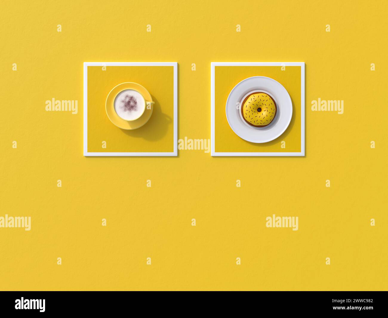 3D render of cup of coffee and doughnut on square coasters Stock Photo