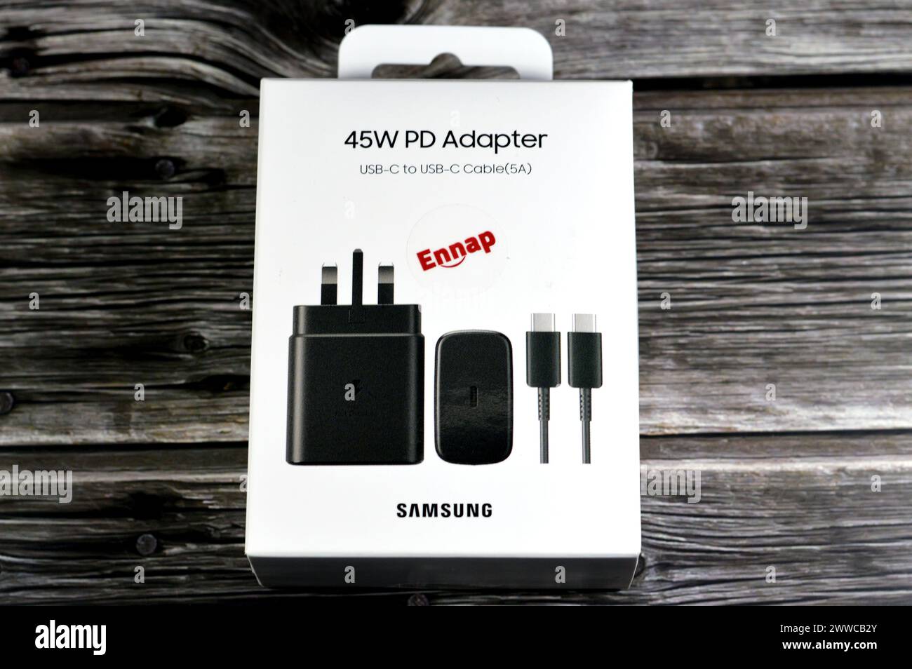 Cairo, Egypt, March 22 2024: Samsung 45W PD adapter USB-C to USB-C cable 5A, super fast charger for flagship cellphones like Samsung S series S23 and Stock Photo