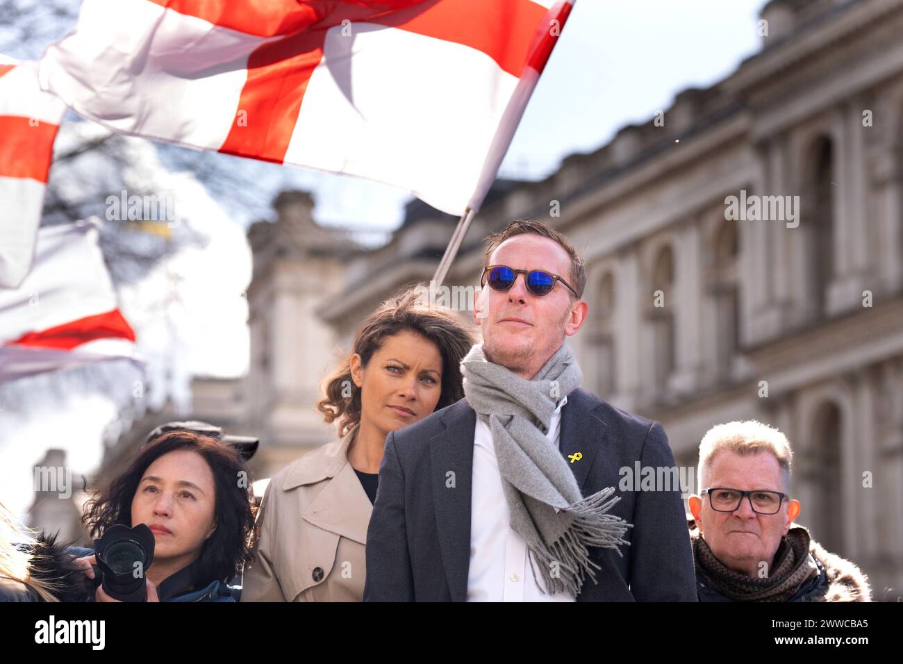 Laurence Fox with girfriend Elizabeth 'Liz' Barker attending the 'Rally for British Culture' protest, organised by Turning Point UK, at the Cenotaph in Whitehall, London. Picture date: Saturday March 23, 2024. Stock Photo