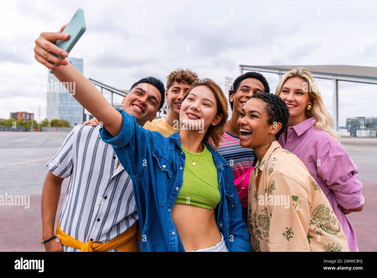 Urban young people taking selfie having fun together Stock Photo