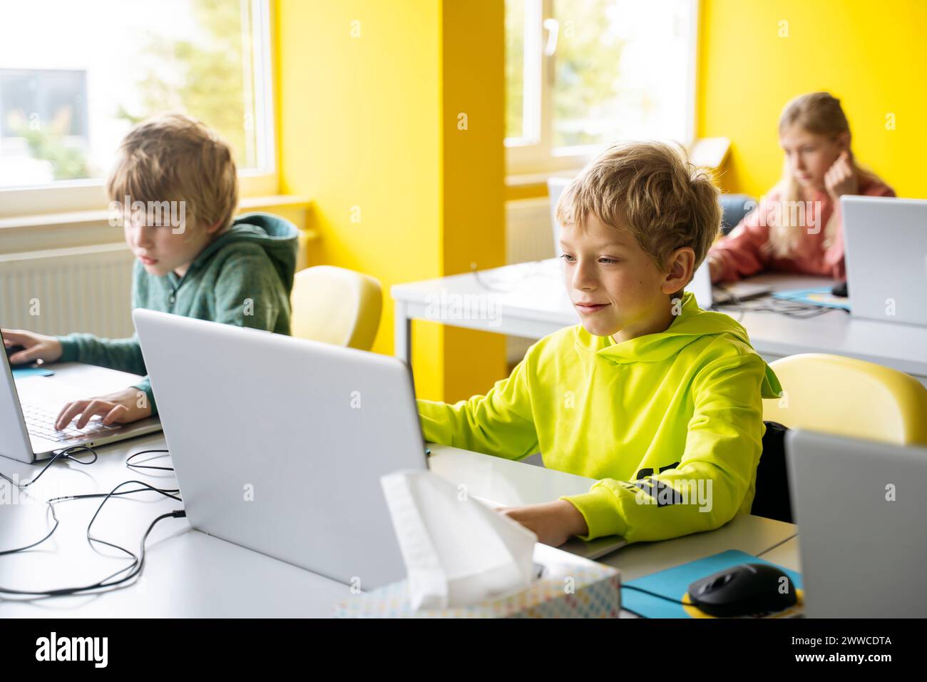Blond boys using laptops learning computer coding in classroom Stock ...
