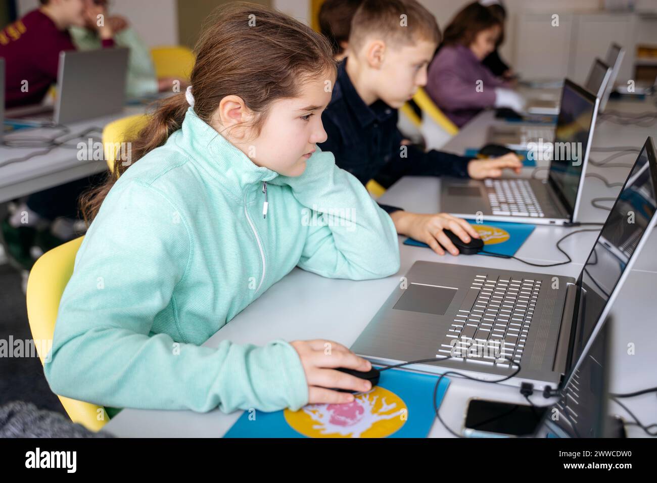 Dedicated girl using laptop learning computer programming at desk in ...