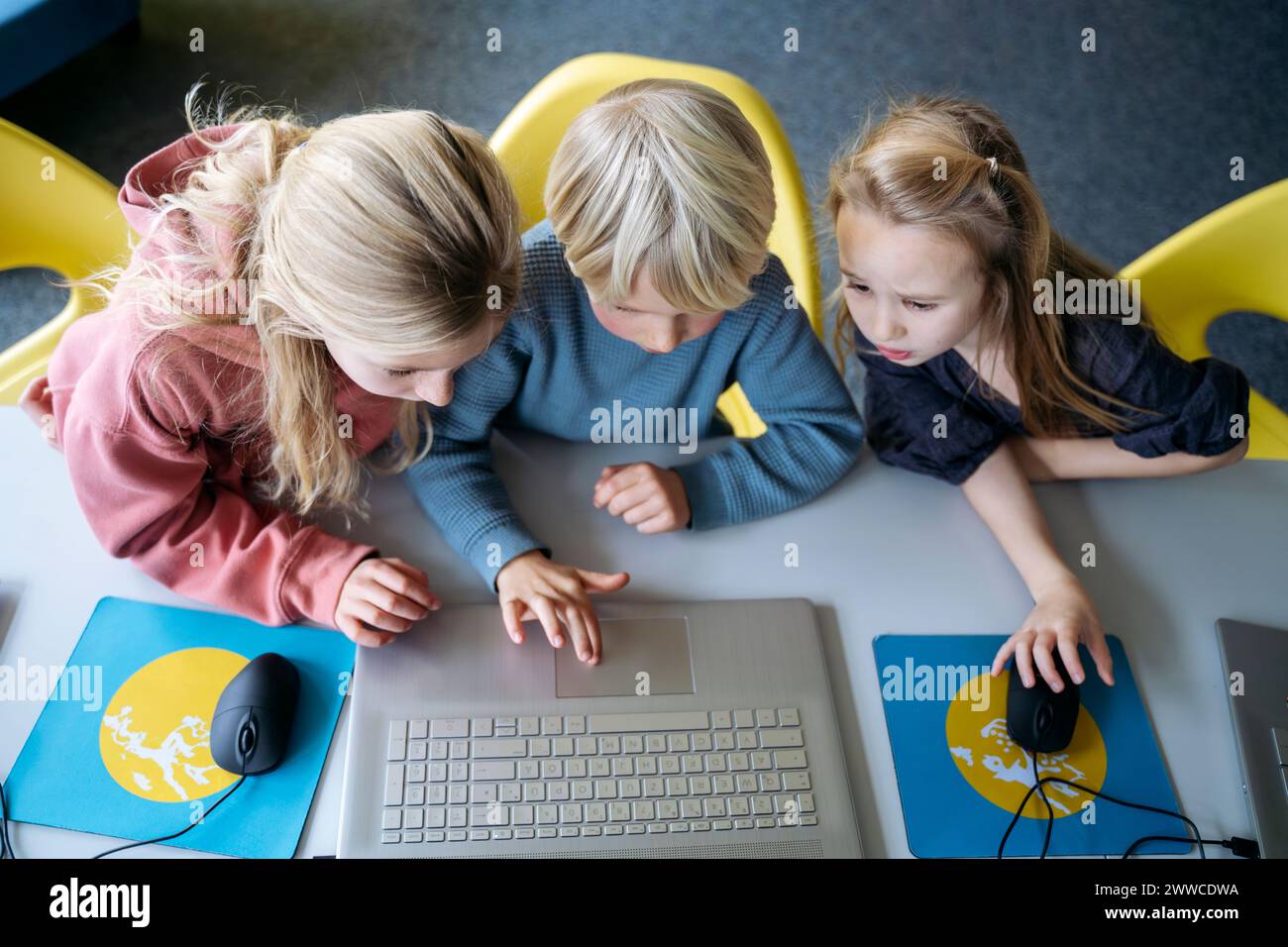Blond boy sharing laptop with girls learning coding at desk in ...