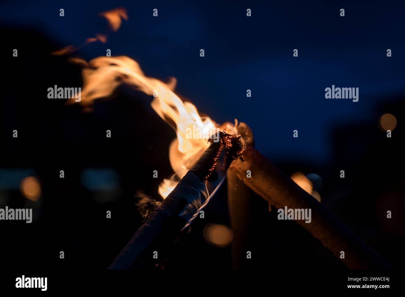 Close-up of campfire burning at night Stock Photo