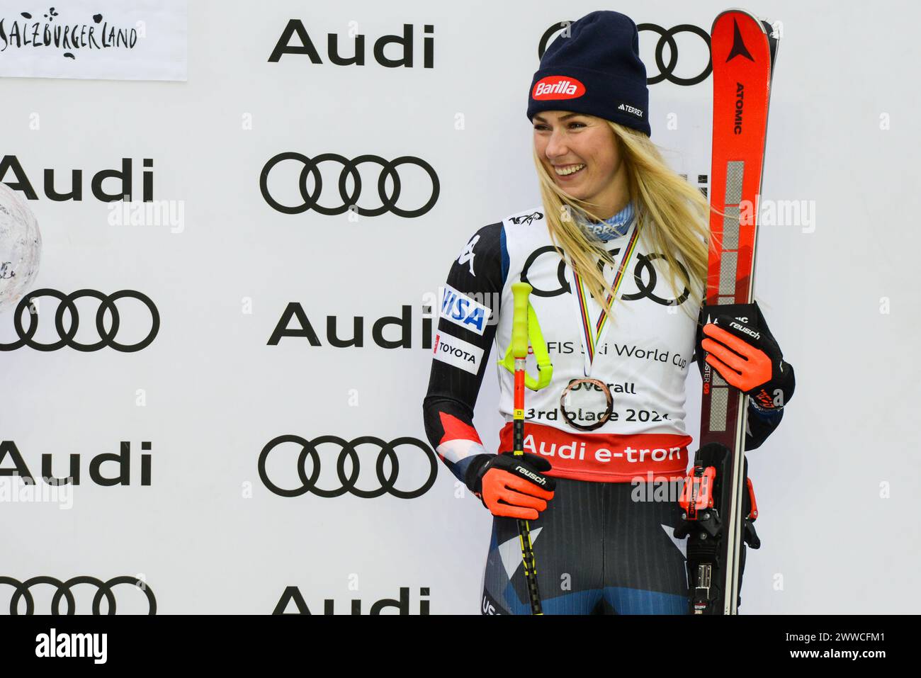 Saalbach, Austria. 23rd Mar, 2024. MIKAELA SHIFFRIN of the United States on the podium after