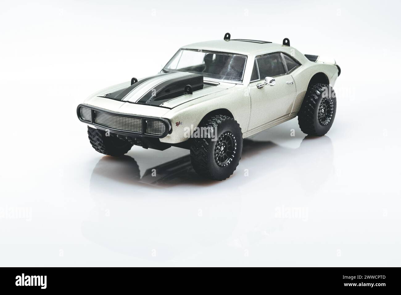 Fast&Furious Chevrolet Camaro Z28 1:43 model car, front view, white background with reflection Stock Photo