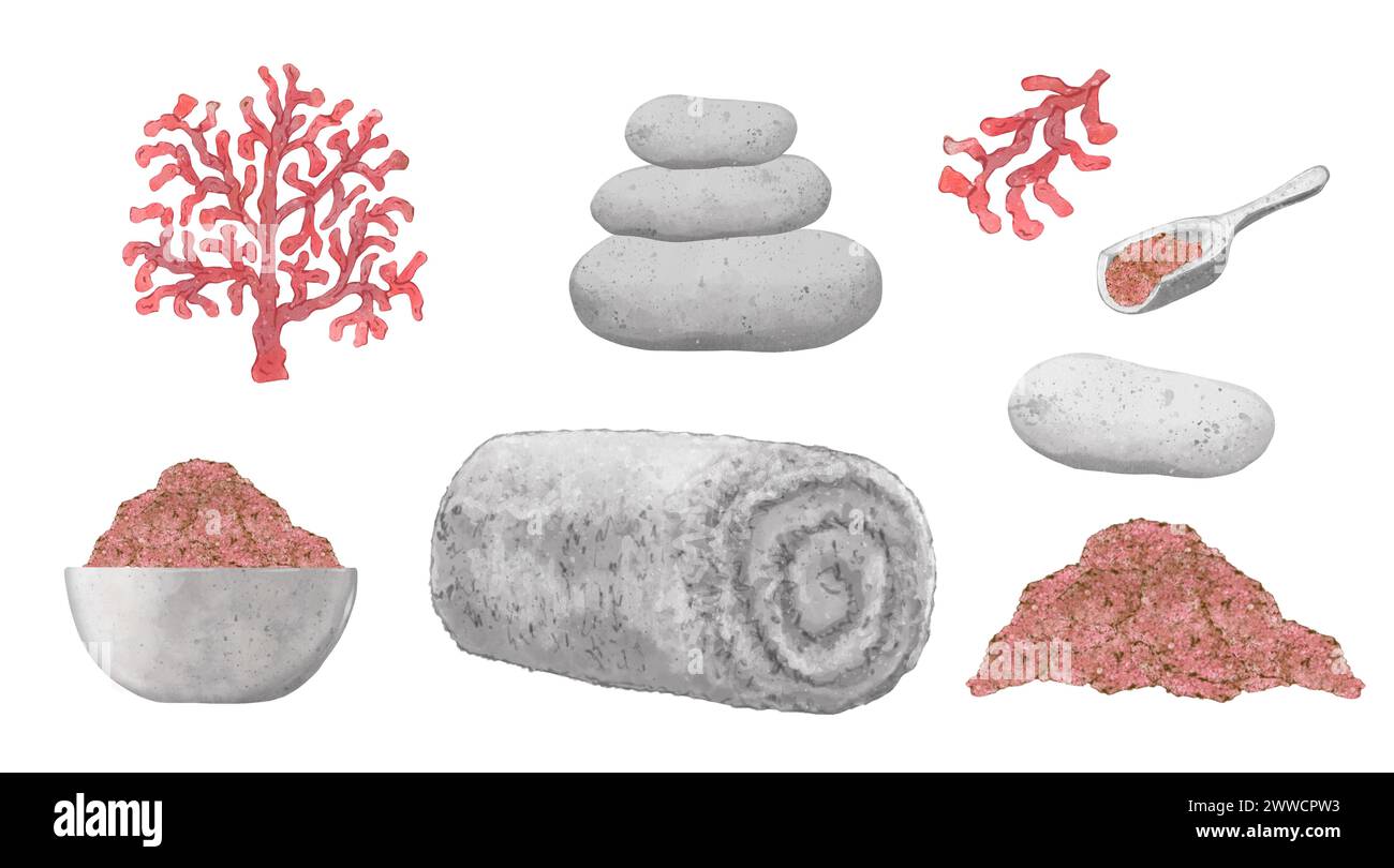 Spa set with sea salt, towel, massage stones and coral. Hand drawn watercolor illustrations isolated on white background. Clipart for aromatherapy, be Stock Photo