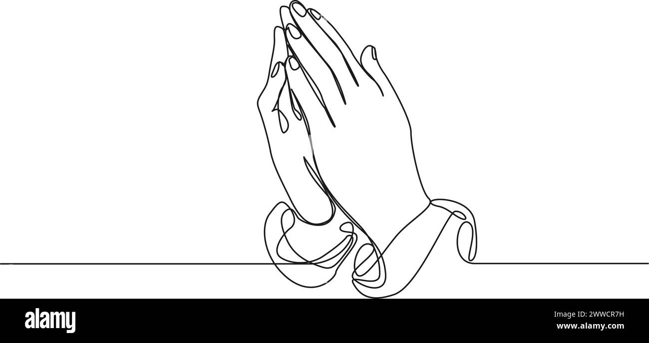 continuous single line drawing of hands clasped in prayer, line art vector illustration Stock Vector