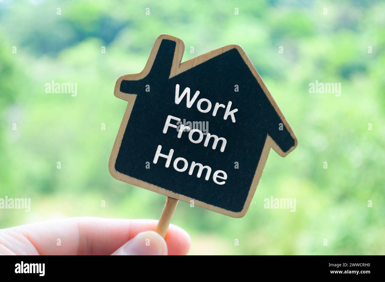 Work From Home Text Design Work from home text on wooden house with nature background Stock Photo ...