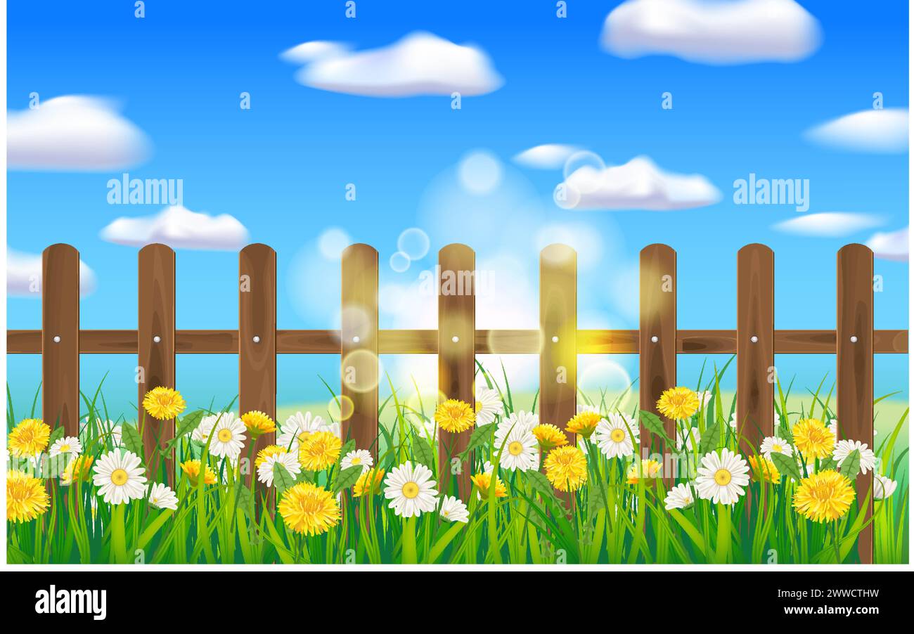 Spring green grass, daisy flowers, wooden fence, sun rays Stock Vector