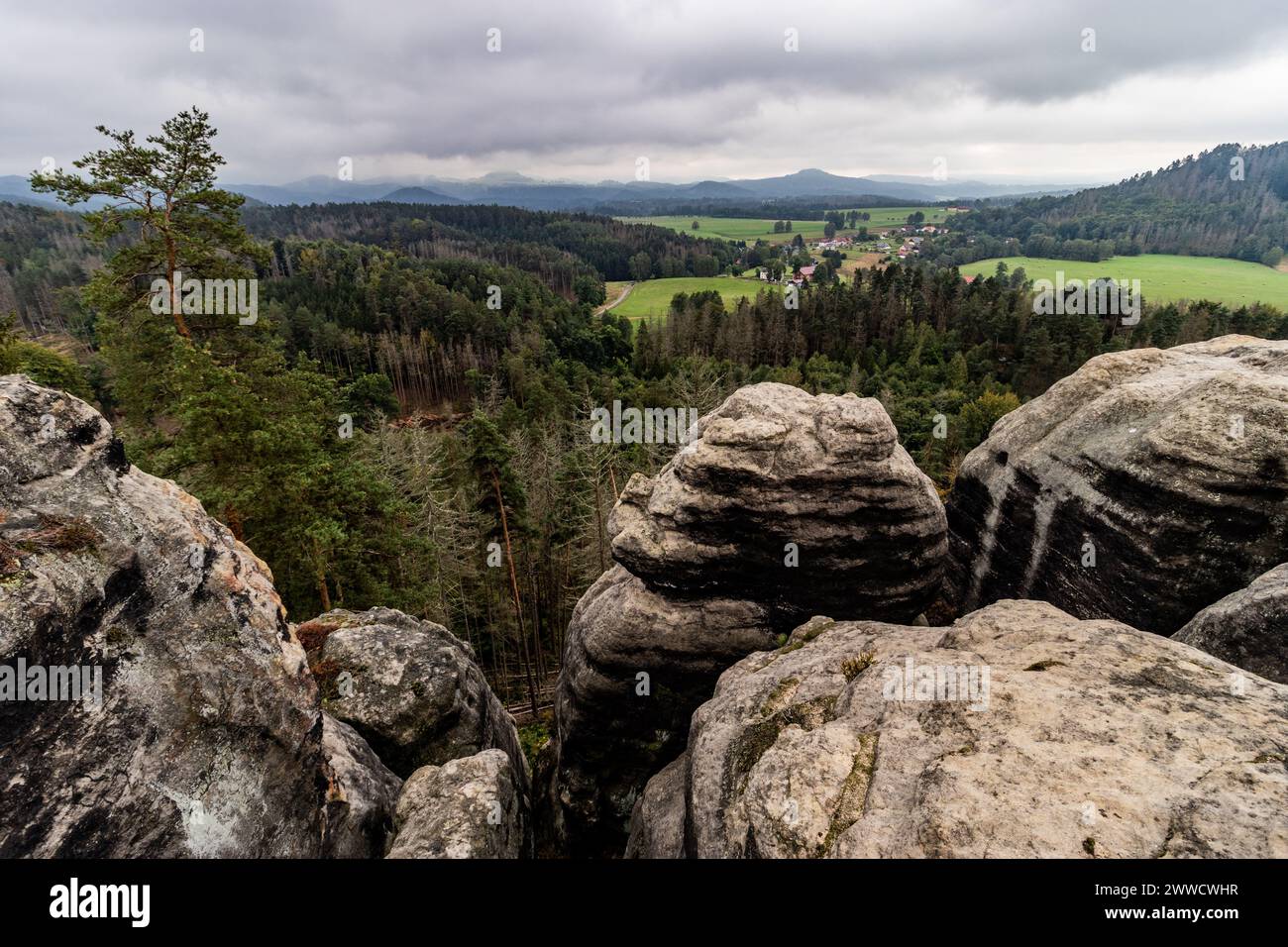 Landscape of the Czech Switzerland National Park viewed from Saunstejn rock castle, Czech Republic. Stock Photo