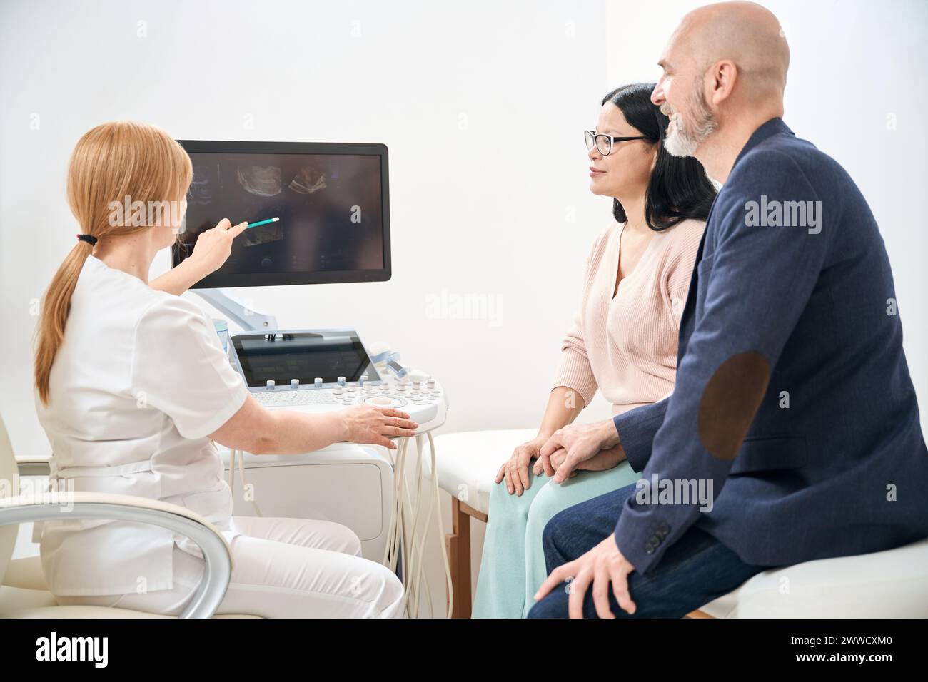 Gynecologist-sonographer pointing on fetus on display of ultrasound ...