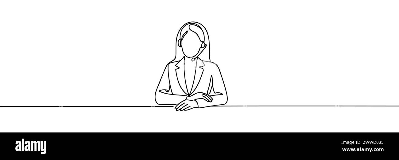 help operator woman drawn in one line style. Vector illustration. Stock Vector