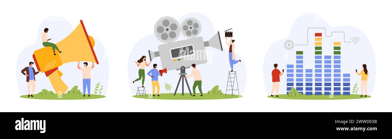 Video and audio recording, control settings in graphic equalizer app set. Tiny people record movie film with giant professional camera, using megaphone for loud sound cartoon vector illustration Stock Vector