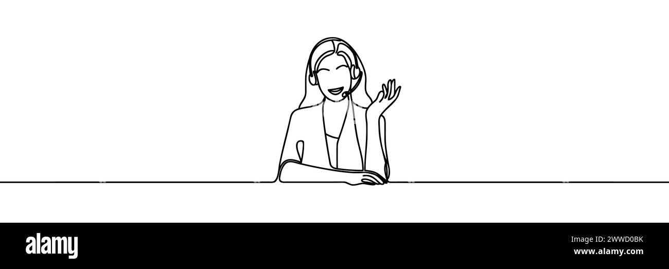 help operator woman drawn in one line style. Vector illustration. Stock Vector
