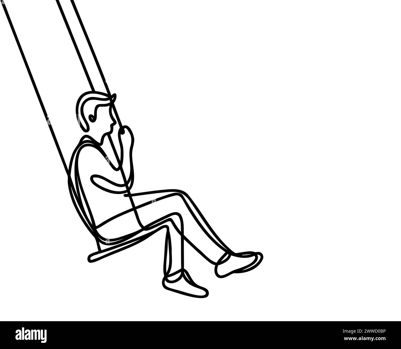 Man swinging on a swing in continuous line art drawing style. Black